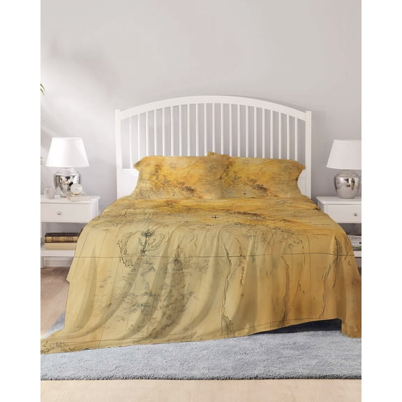 4 Piece King Sheet Set Vintage Map Sheets Set for King Size Bed, Breathable Soft Microfiber Bed Sheets Cooling Middle Century Farmhouse Natural Landscape Fitted Sheet Deep Pocket, Pillowcases