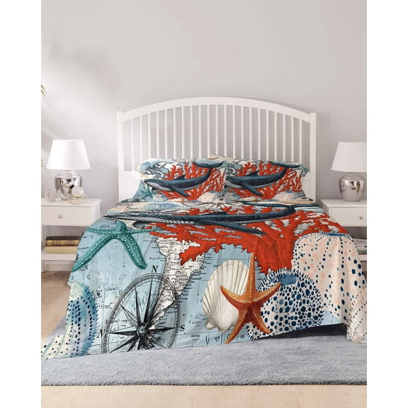 4 Piece King Sheet Set Vintage Whale Sheets Set for King Size Bed, Breathable Soft Microfiber Bed Sheets Cooling Retro Coastal Coral Nautical Ocean Fitted Sheet Deep Pocket, Pillowcases