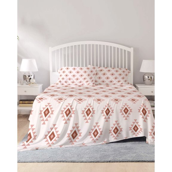 4 Piece King Sheet Set White Boho Geometric Sheets Set for King Size Bed, Breathable Soft Microfiber Bed Sheets Cooling Modern Simple Aztec Ethnic Pattern Fitted Sheet Deep Pocket, Pillowcases