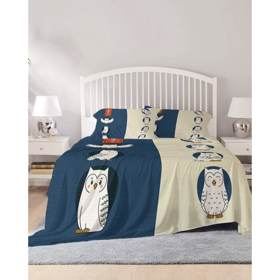 4 Piece King Sheet Set White Cute Owls Sheets Set for King Size Bed, Breathable Soft Microfiber Bed Sheets Cooling Japanese Cartoon Navy Brown Fitted Sheet Deep Pocket, Pillowcases