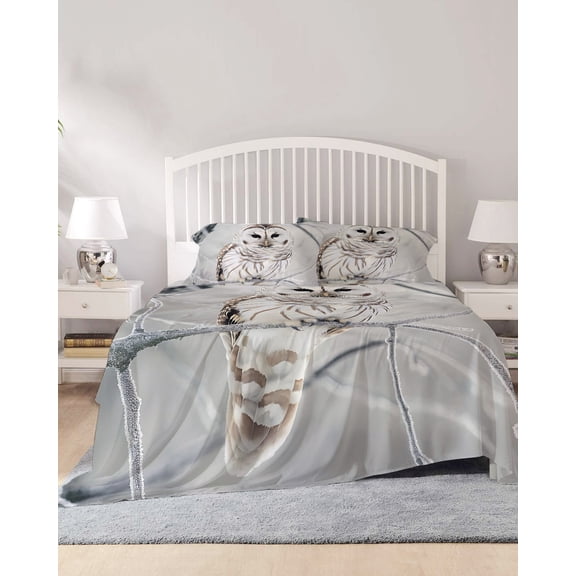4 Piece King Sheet Set White Owl Sheets Set for King Size Bed, Breathable Soft Microfiber Bed Sheets Cooling Farmhouse Animal Birds Tree Branches Fitted Sheet Deep Pocket, Pillowcases
