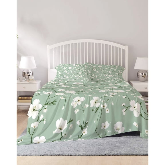 4 Piece King Sheet Set White Spring Floral Sheets Set for King Size Bed, Breathable Soft Microfiber Bed Sheets Cooling Sage Green Botanical Watercolor Fitted Sheet Deep Pocket, Pillowcases
