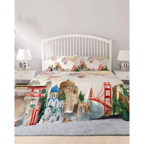 4 Piece King Sheet Set World Map Sheets Set for King Size Bed, Breathable Soft Microfiber Bed Sheets Cooling Farmhouse Famous Building Tourism Bridge Fitted Sheet Deep Pocket, Pillowcases