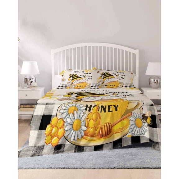 4 Piece King Sheet Set Yellow Gnomes Sheets Set for King Size Bed, Breathable Soft Microfiber Bed Sheets Cooling Vintage Daisy Honey Plaid Flower Fitted Sheet Deep Pocket, Pillowcases