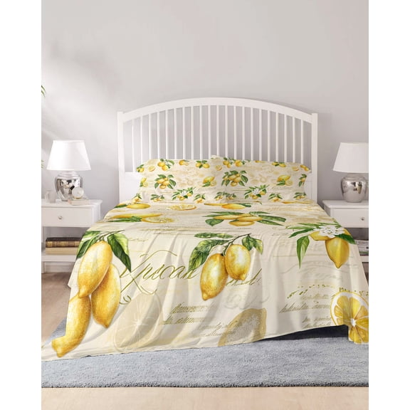 4 Piece King Sheet Set Yellow Lemons Sheets Set for King Size Bed, Breathable Soft Microfiber Bed Sheets Cooling Summer Botanical Fruit Leaves Country Fitted Sheet Deep Pocket, Pillowcases