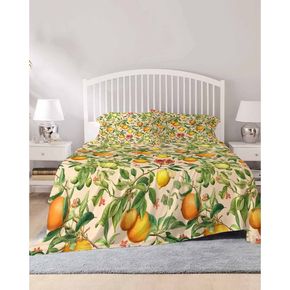 4 Piece King Sheet Set Yellow Lemons Sheets Set for King Size Bed, Breathable Soft Microfiber Bed Sheets Cooling Summer Botanical Watercolor Orange Fitted Sheet Deep Pocket, Pillowcases