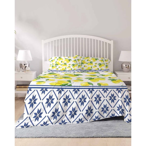 4 Piece King Sheet Set Yellow Lemons Sheets Set for King Size Bed, Breathable Soft Microfiber Bed Sheets Cooling Watercolor Summer Botanical Elegant Pastoral Fitted Sheet Deep Pocket, Pillowcases