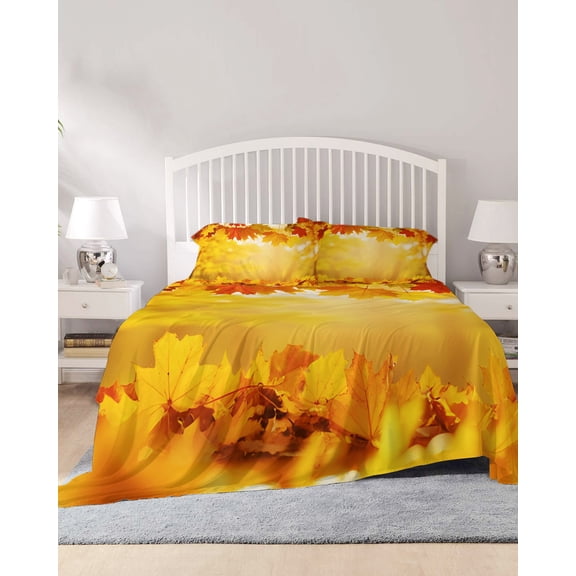 4 Piece King Sheet Set Yellow Maple Fall Sheets Set for King Size Bed, Breathable Soft Microfiber Bed Sheets Cooling Autumn Leaves Country Deciduous Forest Fitted Sheet Deep Pocket, Pillowcases