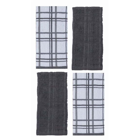 4 Piece Kitchen Basics Charcoal Gray Towel Set, Windowpane And Solid