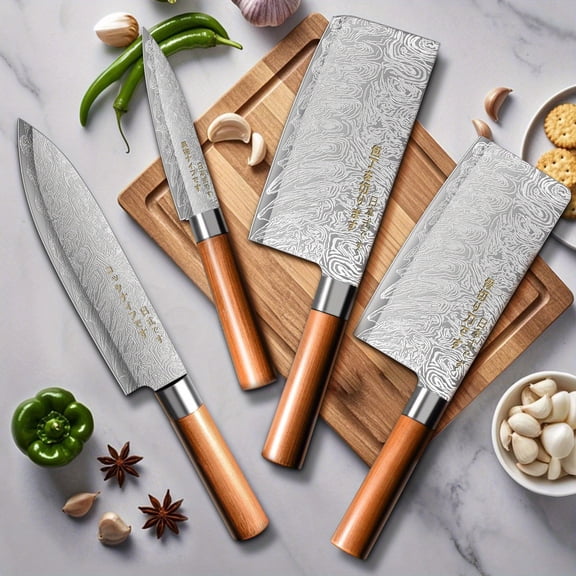 4Piece Kitchen Knife Set High hardness Stainless Steel Damascus Pattern Knives Meat Cleaver Vegetable and Fruit Cleaver for Kitchen Cooking