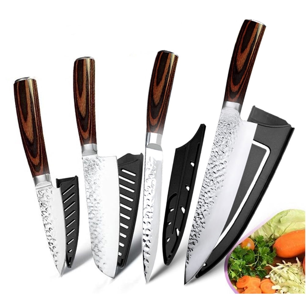 4 Piece Kitchen Knife Set, Japanese Chef Kiritsuke Knife with Hammered Forged Stainless Steel Blade, Ultra Sharp Cooking Knives for Chopping Slicing Cutting