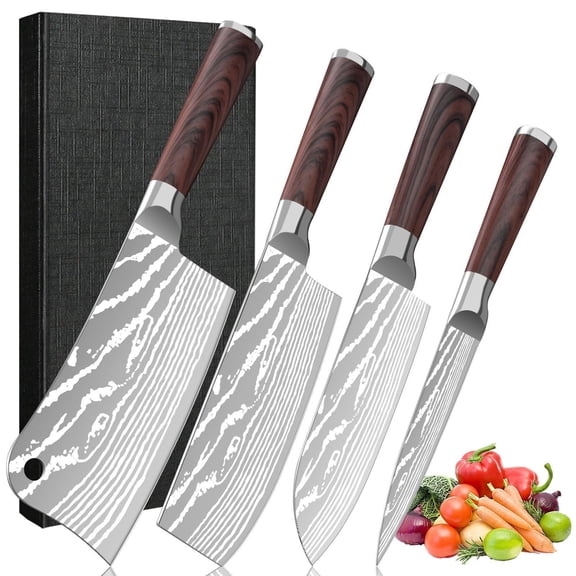 4 Piece Kitchen Knife Set, Laser Pattern Stainless Steel Chef Knives with Ergonomic Wood Grain Handle, Professional Cleaver Santoku Slicing Paring Cooking Knives for Home Kitchen & Restaurant