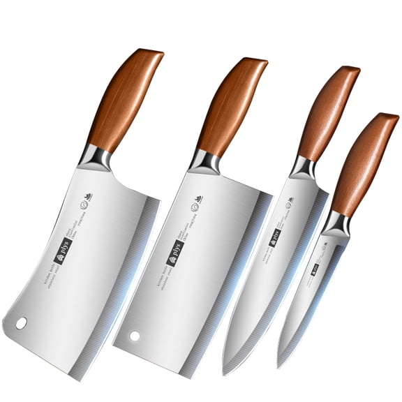 4-Piece Kitchen Knife Set, Sharp Stainless Steel Cleaver Vegetable Chef Paring Knives with Ergonomic Wood Handles, Household Cooking Cutlery for Meat Vegetable Fruit