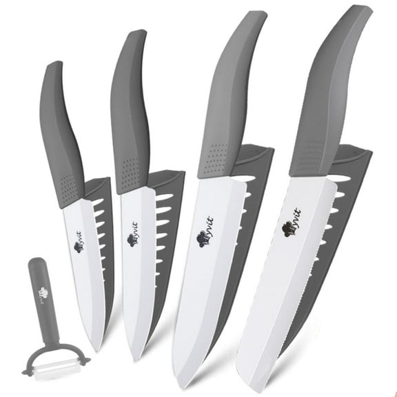4-Piece Kitchen Knives with Peeler, Ceramic Blade Knife 6 Inch Serrated Bread Knife,6 Inch Chef Knife, 5inch Utility Knife, and 4 Inch Paring Knife