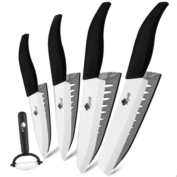 4-Piece Kitchen Knives with Peeler, Ceramic Blade Knife 6 Inch Serrated Bread Knife,6 Inch Chef Knife, 5inch Utility Knife, and 4 Inch Paring Knife