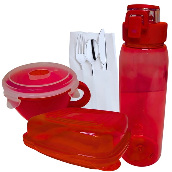 4-Piece Kitchen & Lunch Storage Set with Water Bottle, Sandwich Container, Soup Bowl with Lid & Disposable Cutlery, Red Plastic Food Storage Bundle for Meal Prep, School, Office & Travel