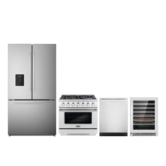 4 Piece Kitchen Package with 30" Freestanding Gas Range 24" Built-in Fully Integrated Dishwasher French Door Refrigerator & 48 Bottle Freestanding Wine Refrigerator
