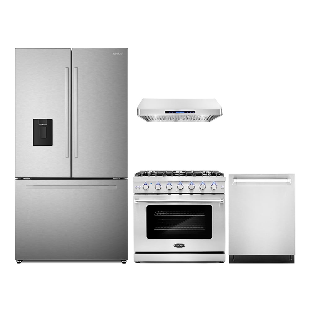 4 Piece Kitchen Package with 30" Freestanding Gas Range 30" Under Cabinet Range Hood 24" Built-in Fully Integrated Dishwasher & French Door Refrigerator