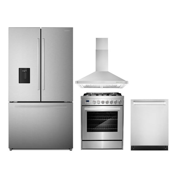 4 Piece Kitchen Package with 30" Freestanding Gas Range 30" Wall Mount Range Hood 24" Built-in Fully Integrated Dishwasher 36" French Door Refrigerator