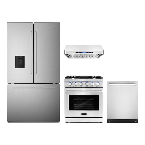 4 Piece Kitchen Package with 30" Freestanding Gas Range 30" Under Cabinet Range Hood French Door Refrigerator & 48 Bottle Freestanding Wine Refrigerator