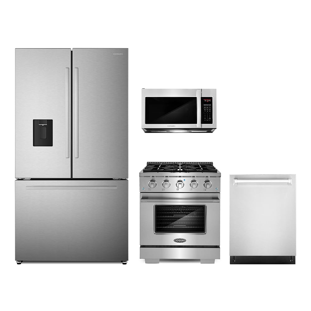 4 Piece Kitchen Package with 30" Over The Range Microwave 30" Freestanding Gas Range 24" Built-in Fully Integrated Dishwasher & French Door Refrigerator