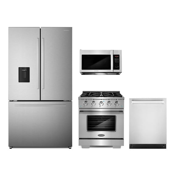 4 Piece Kitchen Package with 30" Over The Range Microwave 30" Freestanding Gas Range 24" Built-in Fully Integrated Dishwasher & French Door Refrigerator