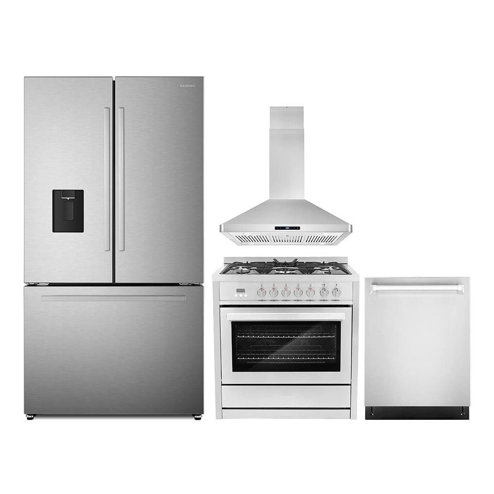4 Piece Kitchen Package with 36" Freestanding Dual Fuel Range 36" Island Range Hood 24" Built-in Fully Integrated Dishwasher & French Door Refrigerator
