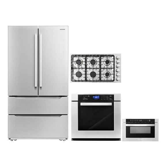 4 Piece Kitchen Package 36" Gas Cooktop 30" Single Electric Wall Oven 24" Built-In Microwave Drawer & Energy Star French Door Refrigerator