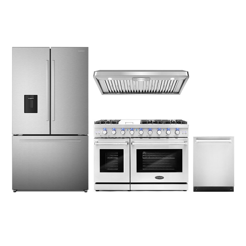 4 Piece Kitchen Package with 48" Freestanding Gas Range 48" Under Cabinet Range Hood 24" Built-in Fully Integrated Dishwasher & 48 Bottle Freestanding Wine Refrigerator