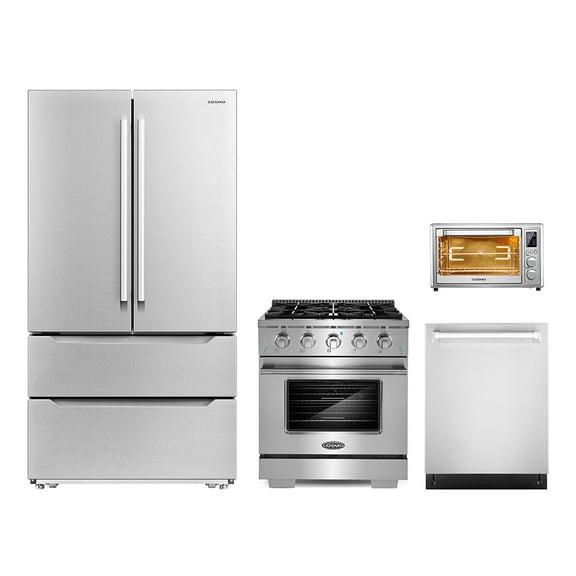 4 Piece Kitchen Package with 5.5L Electric Hot Air Fryer 30" Freestanding Gas Range 24" Built-in Fully Integrated Dishwasher & French Door Refrigerator
