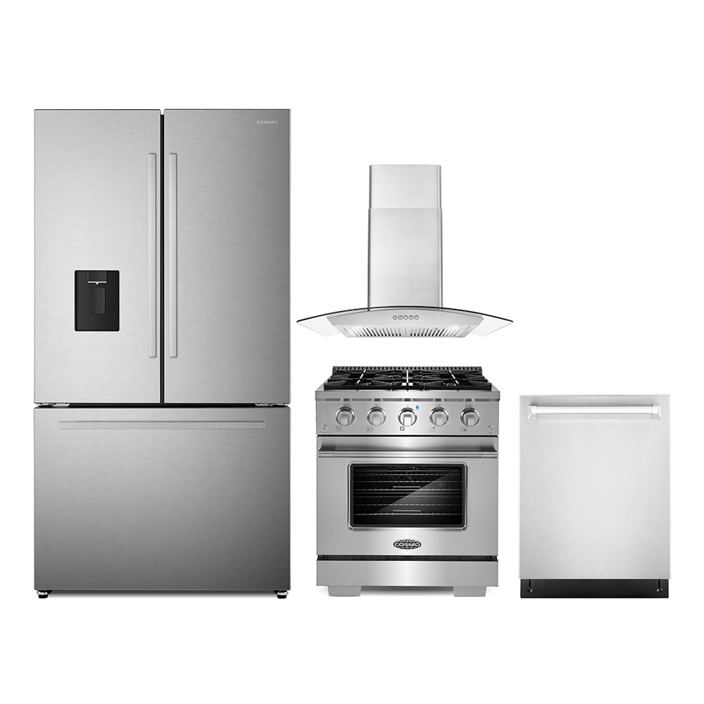 4 Piece Kitchen Package with 30" Freestanding Gas Range 30" Wall Mount Range Hood 24" Built-in Fully Integrated Dishwasher & French Door Refrigerator