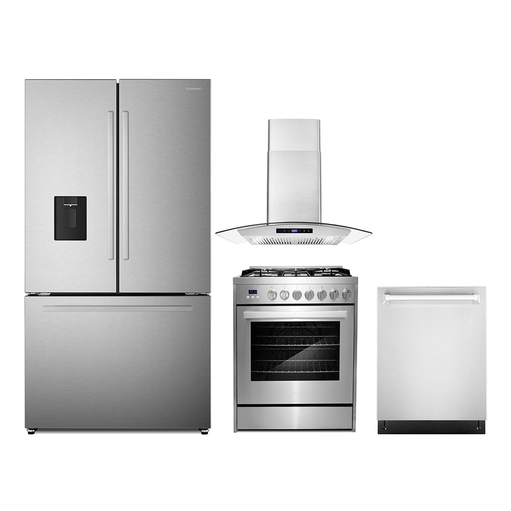 4 Piece Kitchen Package with 30" Freestanding Gas Range 30" Wall Mount Range Hood 24" Built-in Fully Integrated Dishwasher