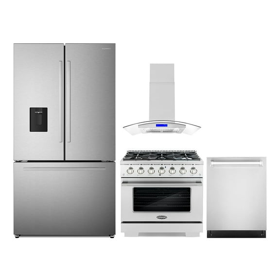 4 Piece Kitchen Package with 36" Freestanding Gas Range 36" Island Range Hood 24" Built-in Fully Integrated Dishwasher & French Door Refrigerator