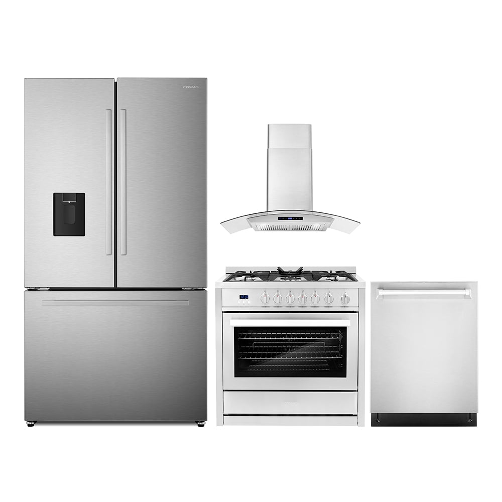 4 Piece Kitchen Package with 36" Freestanding Gas Range 36" Wall Mount Range Hood 24" Built-in Fully Integrated Dishwasher & French Door Refrigerator