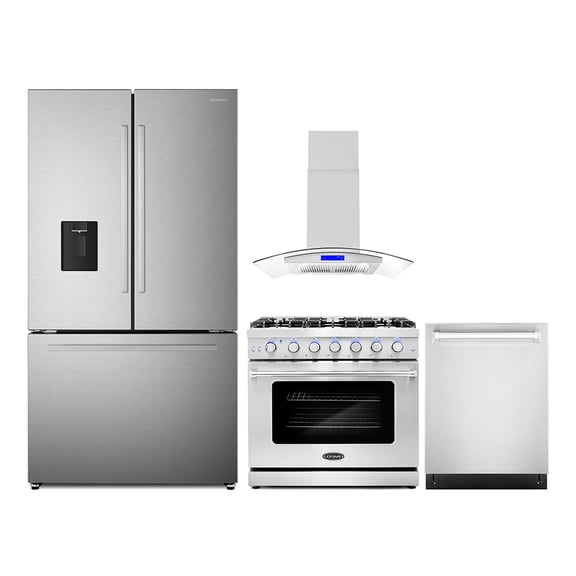 4 Piece Kitchen Package with 36" Freestanding Gas Range 36" Wall Mount Range Hood 24" Built-in Fully Integrated Dishwasher & French Door Refrigerator