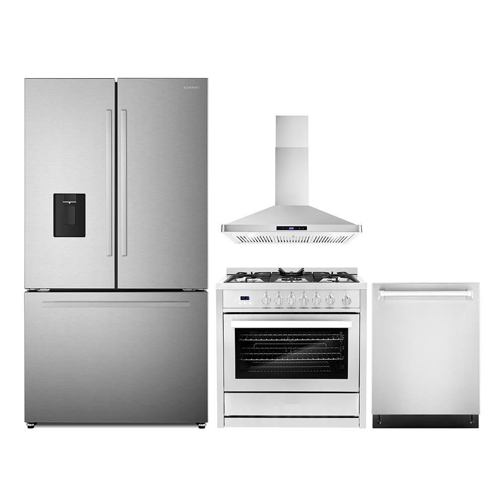 4 Piece Kitchen Package with 36" Freestanding Gas Range 36" Wall Mount Range Hood 24" Built-in Fully Integrated Dishwasher & French Door Refrigerator