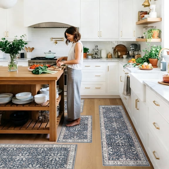 4-Piece Kitchen Rug Set with Runner Washable Non-Slip Low-Pile Floral Floor Mats for Sink Entryway Hallway Bathroom Blue Rectangular Sizes 2x3 2x4 2x5 2x6