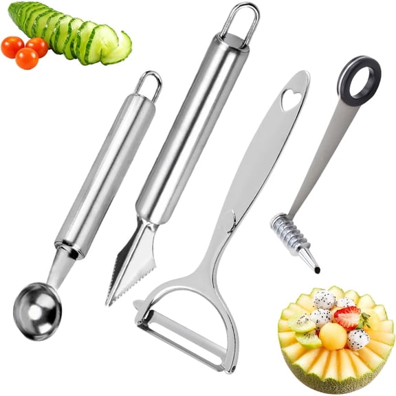 4-Piece Kitchen Spiral And V-Shaped Tools, Vegetable Peeler, Crinkle Cutter Knife, Multifunctional Kitchen Set, Manual Kitchen Tools for Creative Food DecorationSilvery