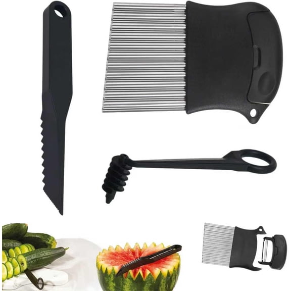 4 Piece Kitchen Spiral And V-Shaped Tools, vegetable peeler,crinkle cutter knife, Multifunctional Kitchen Set, Stainless Steel Manual Kitchen Tools for Creative Food Decoration(black