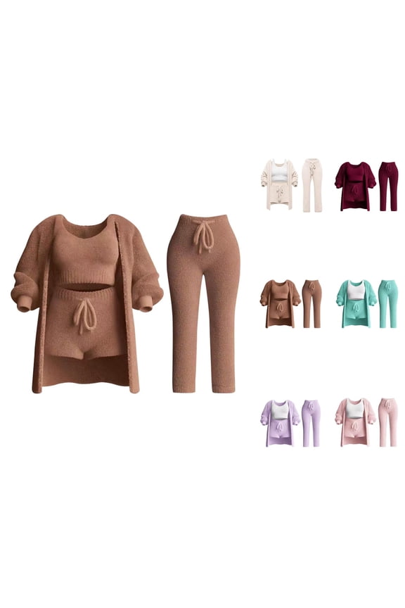 4 Piece Knit Set for Women 2026 Trendy Casual Plain Long Sleeve Shirt Tank Top Shorts Pants 4 Piece Sweater Sets Loungewear