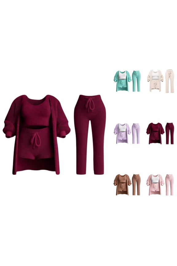 4 Piece Knit Set for Women 2026 Trendy Plain Casual Long Sleeve Shirt Tank Top Shorts Pants 4 Piece Sweater Sets Loungewear