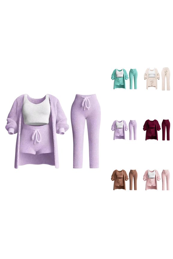 4 Piece Knit Set for Women 2026 Trendy Plain Casual Long Sleeve Shirt Tank Top Shorts Pants 4 Piece Sweater Sets Loungewear