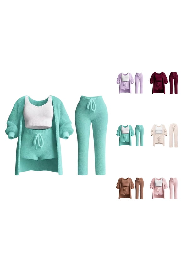 4 Piece Knit Set for Women 2026 Trendy Plain Casual Long Sleeve Shirt Tank Top Shorts Pants 4 Piece Sweater Sets Loungewear