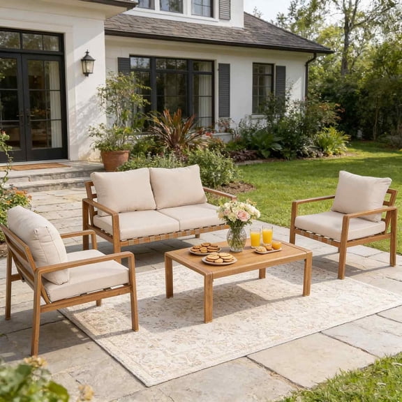 4-Piece L-Shaped Outdoor Patio Furniture Set, All-Aluminum Corner Sectional Sofa with Wood Grain Finish, Cushioned Seating & Plastic Wood Coffee Table, for Backyard & Balcony