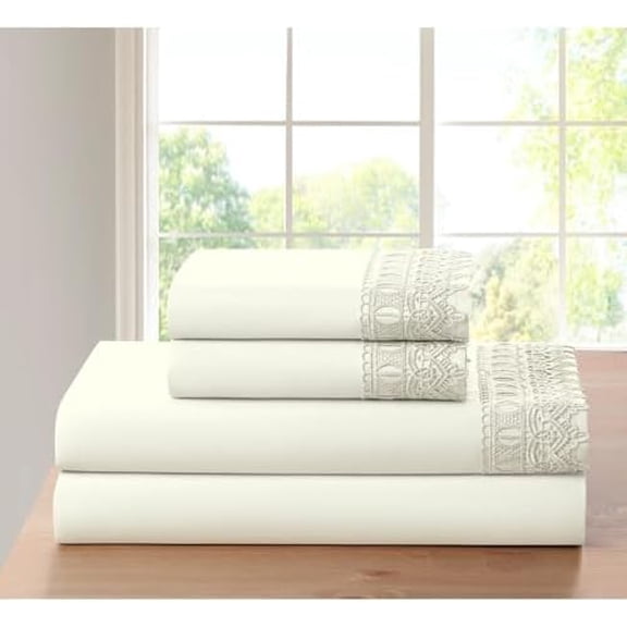 4-Piece Lace Crochet Embroidery Bamboo Bed Sheets Set King Size | Casual Silky Soft Ivory White Bedding Solid Pattern | Luxury Deep Pocket Durable Elastic Fitted Thick | Machine Washable Cozy