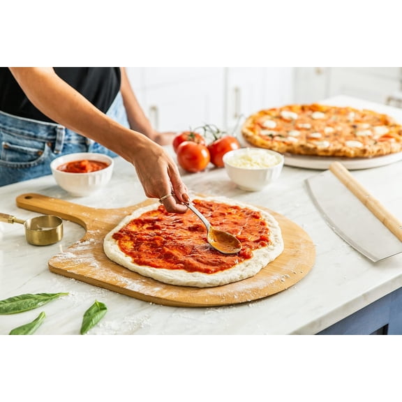 4-Piece Large Pizza Stone Set - 13" Thermal Shock Resistant Cordierite Pizza Stone with Handle Rack, 19" Natural Bamboo Pizza Peel & Pizza Cutter - Large Baking Stone for Grill and Oven