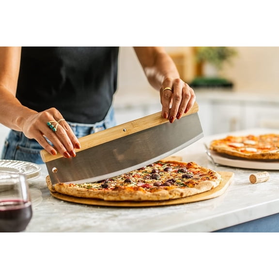 4-Piece Large Pizza Stone Set - 13" Thermal Shock Resistant  Pizza Stone with Handle Rack, 19" Natural Bamboo Pizza Peel & Pizza Cutter - Large Baking Stone for Grill and Oven