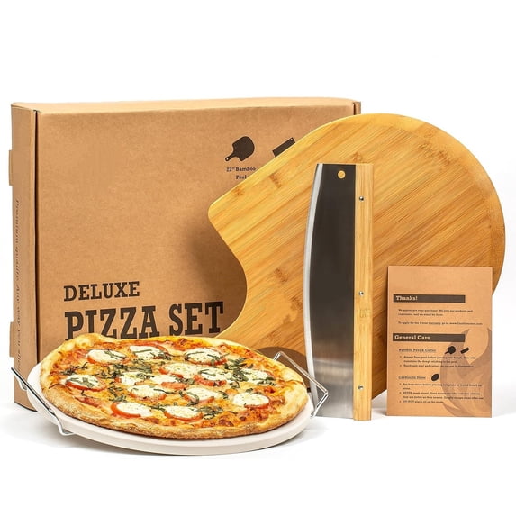 4-Piece Large Pizza Stone Set - 13" Thermal Shock Resistant Pizza Stone with Handle Rack, 19" Natural Bamboo Pizza Peel & Pizza Cutter - Large Baking Stone for Grill and Oven