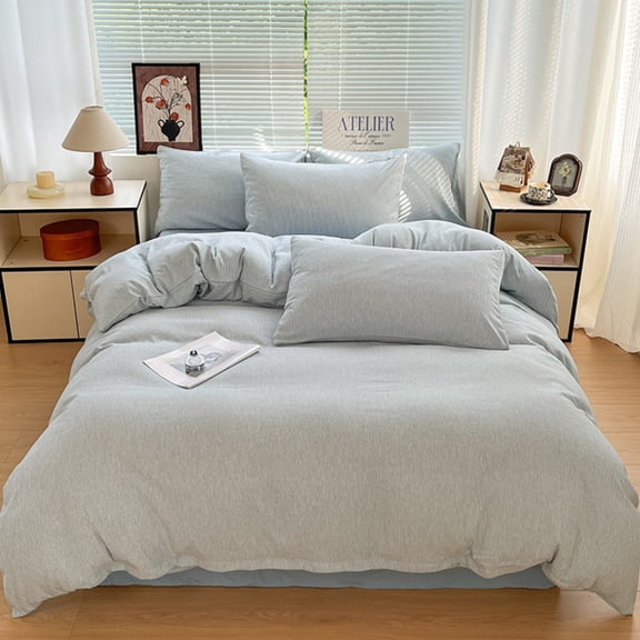 4-Piece Large Size Bedding Set, Minimalist Striped Design, Soft Heavyweight Cationic Fabric, Breathable & Skin-Friendly, Machine Washable (Blue)