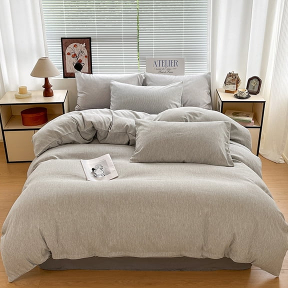 4-Piece Large Size Bedding Set, Minimalist Striped Design, Soft Heavyweight Cationic Fabric, Breathable & Skin-Friendly, Machine Washable (Gray)